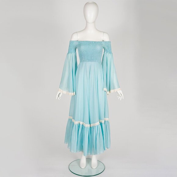 1970s Vintage Baby Blue Voile Shirred Angel Sleeve Off-the-Shoulder Dress Sz XS - Picture 2 of 7